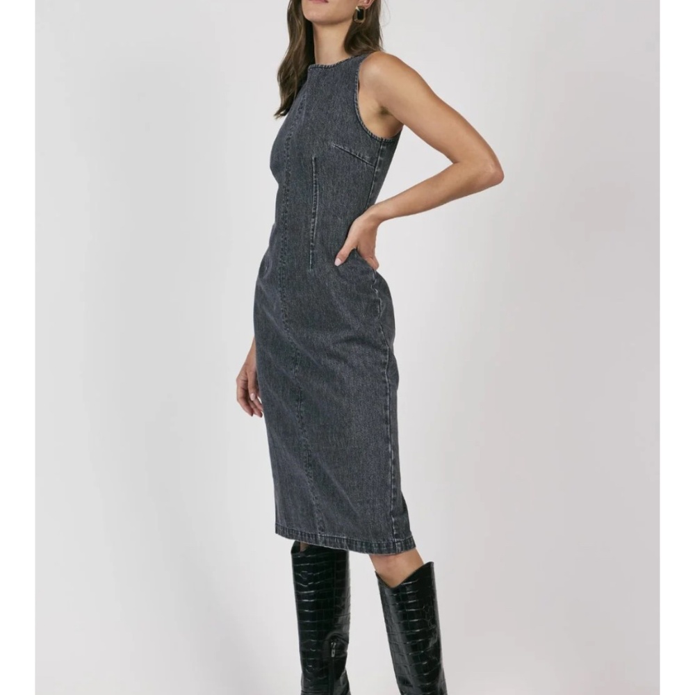 SAGE The Label Size M Black Denim Midi Overall Dress Sleeveless Sheath - Picture 2 of 13